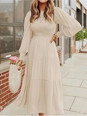 ZESICA Casual Long Sleeve Crew Neck Midi Dress - Cream Sz S Women